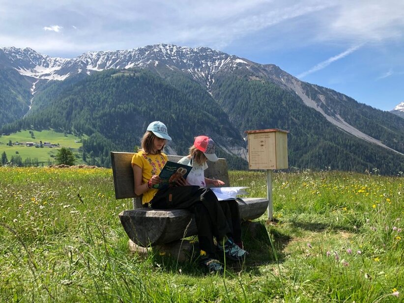 Kinder lesen auf Bank in Berglandschaft